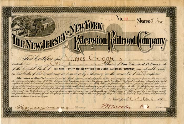 New Jersey and New York Extension Railroad Co. - 1887 Stock Certificate